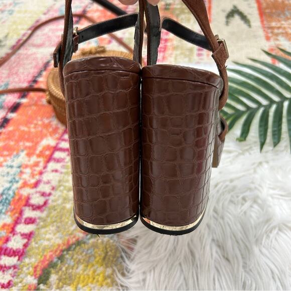 Kenneth Cole Brown Chunky Platform Dolly Suede & Croc Embossed Leather Sandal 8 - Picture 8 of 10